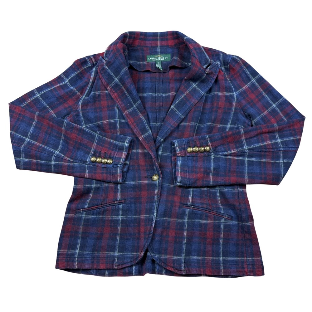 Lauren Ralph Lauren LRL Plaid Blazer Gold Button Preppy Academia Jacket Womens 8